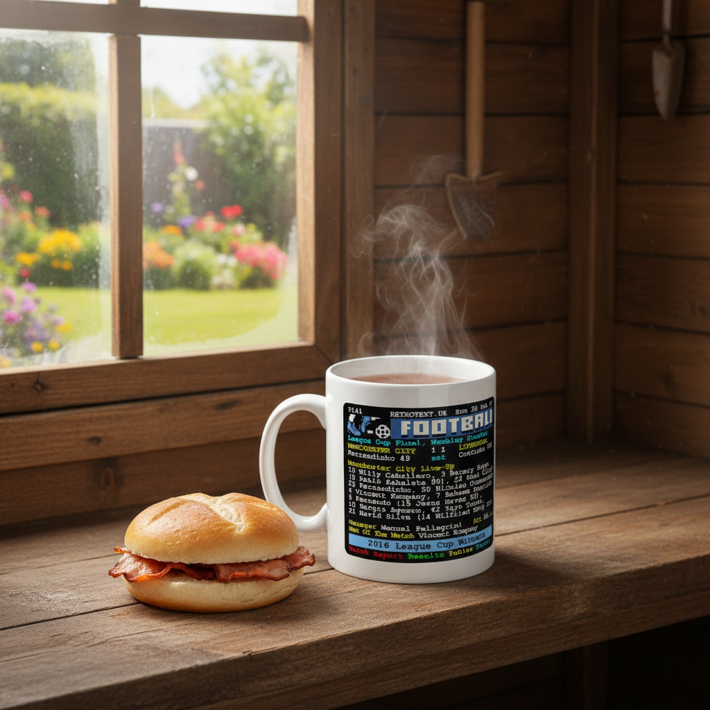 Retrotext Manchester City 2016 League Cup Winners ceramic mug with teletext design next to a bacon roll on a windowsill