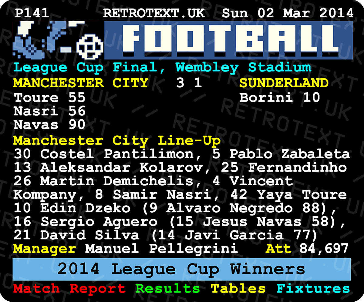 Retrotext Manchester City 2014 League Cup Winners ceramic mug featuring a nostalgic teletext match report graphic.