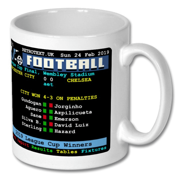 Retrotext Manchester City 2019 League Cup winners ceramic mug featuring a retro teletext penalty shootout graphic.