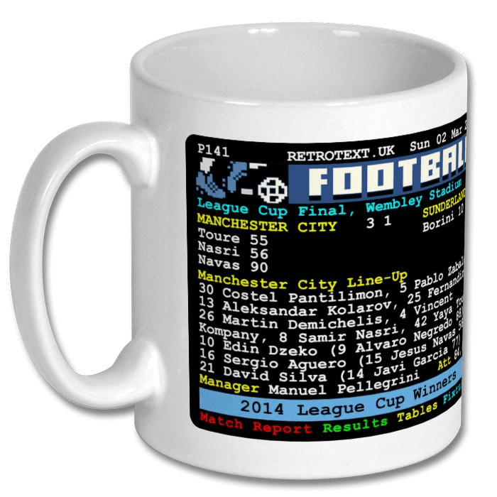 Retrotext Manchester City 2014 League Cup Winners ceramic mug featuring a nostalgic teletext match report graphic