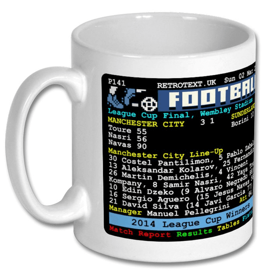Retrotext Manchester City 2014 League Cup Winners ceramic mug featuring a nostalgic teletext match report graphic