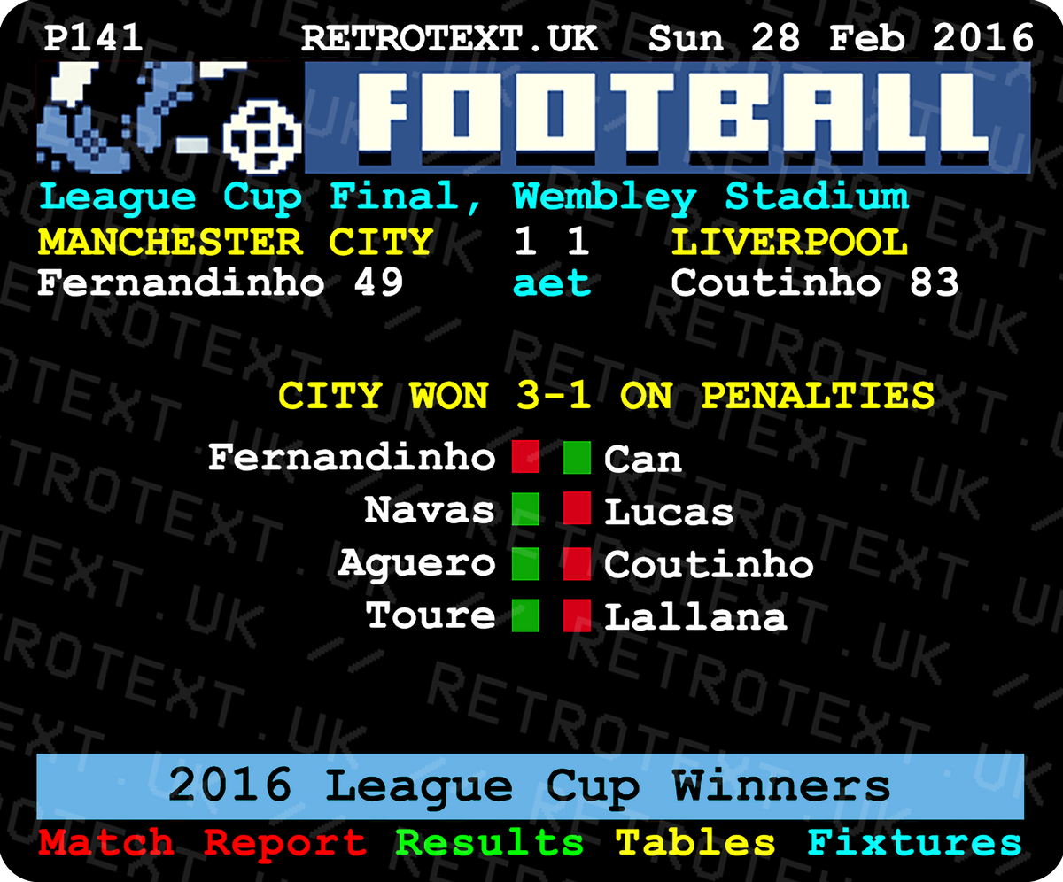 Retrotext Manchester City 2016 League Cup Winners ceramic mug featuring a vintage teletext match report design.