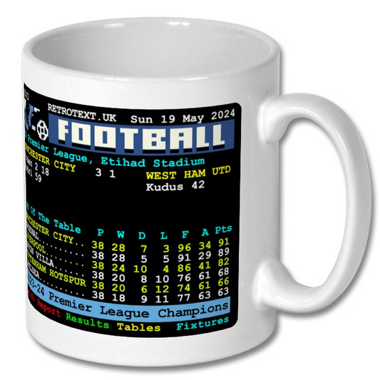 Retrotext Manchester City 2024 Premier League champions ceramic mug featuring a retro teletext football table design