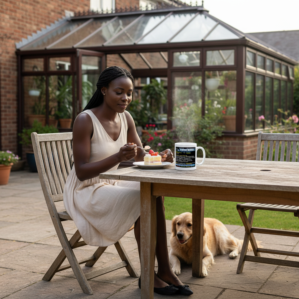 A woman in a cream dress enjoys cake with a Retrotext Manchester City 2026 cup winners teletext mug on a patio.