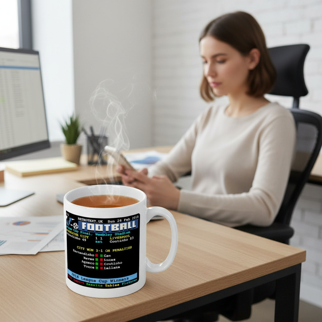 Retrotext Manchester City 2016 League Cup winners ceramic mug with vintage teletext design on a desk with a woman