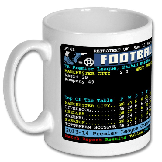 Retrotext Manchester City 2014 Premier League Champions teletext design on a glossy white 11oz ceramic mug