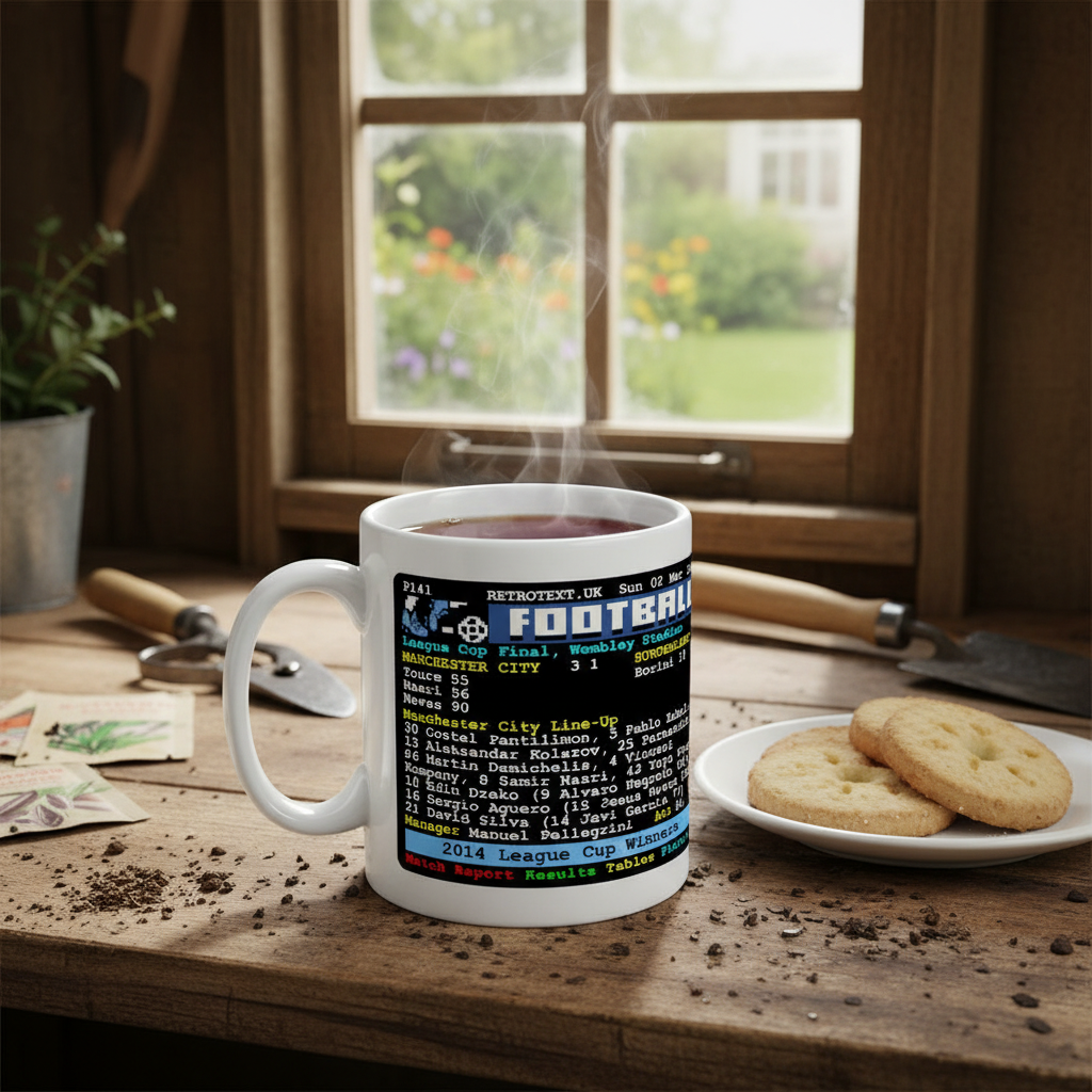 Retrotext Manchester City 2014 League Cup Winners ceramic mug with retro teletext graphic on a rustic wooden table.