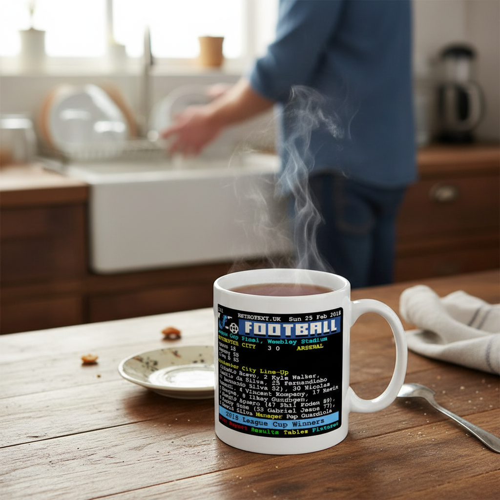 Retrotext Manchester City 2018 League Cup winners ceramic mug with teletext match details on a wooden kitchen table