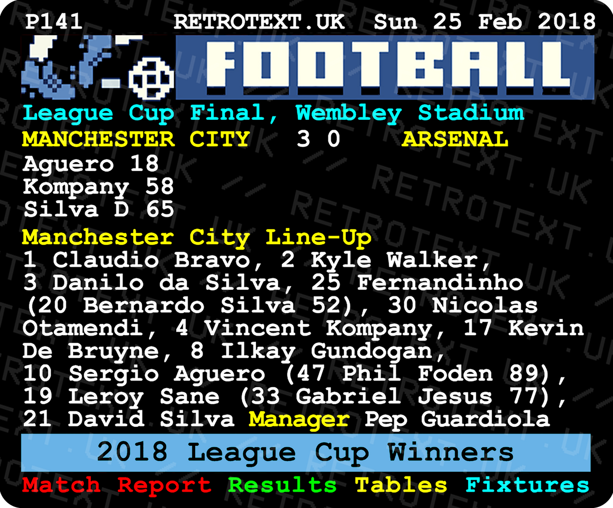 Retrotext Manchester City 2018 League Cup winners ceramic mug featuring a nostalgic teletext match score graphic