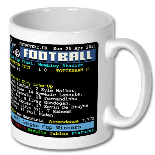 Retrotext Manchester City 2021 League Cup Winners ceramic mug featuring a retro teletext match report graphic