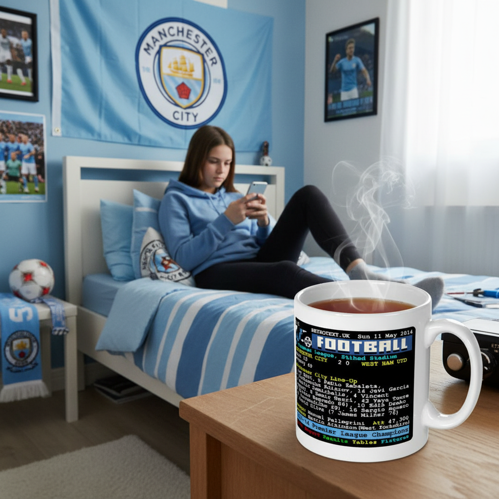 Retrotext Manchester City 2014 Premier League Champions teletext mug on a wooden desk in a fan's bedroom.
