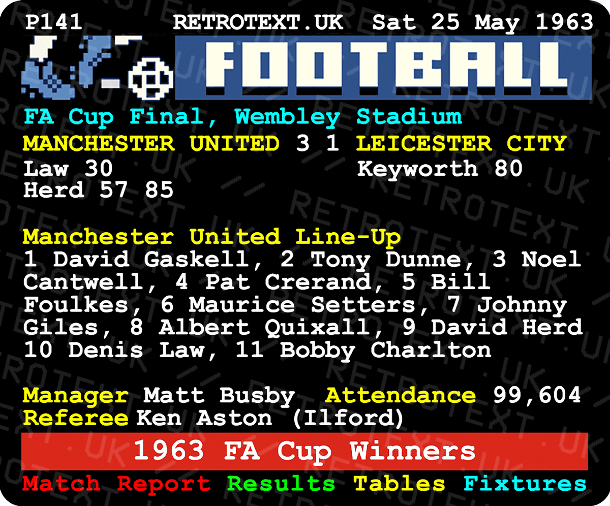 Retrotext Manchester United 1963 FA Cup winners ceramic mug featuring a nostalgic teletext match report design.