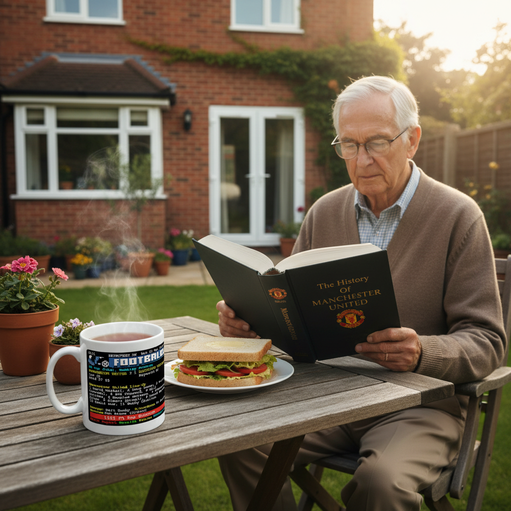 Retrotext Manchester United 1963 FA Cup ceramic mug with teletext design on a garden table next to an elderly fan