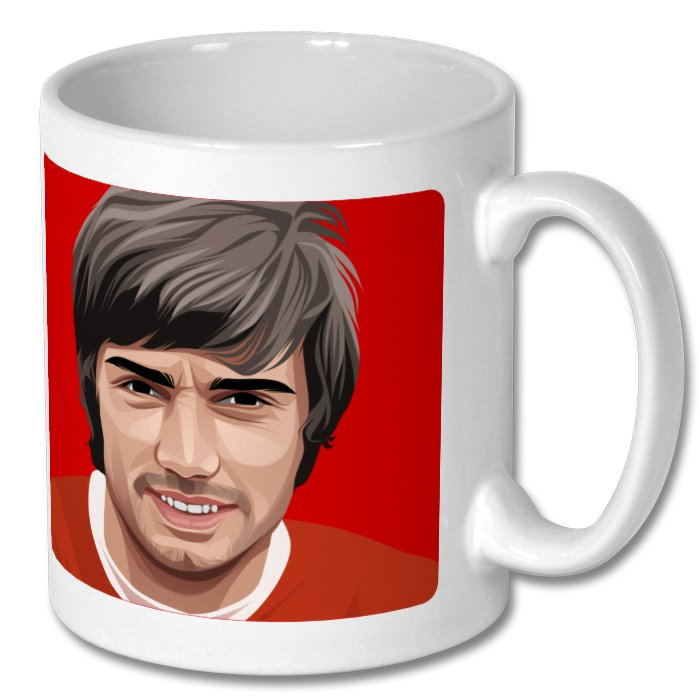 Retrotext Manchester United 1965 champions mug featuring a glossy white finish and a portrait of a football player.