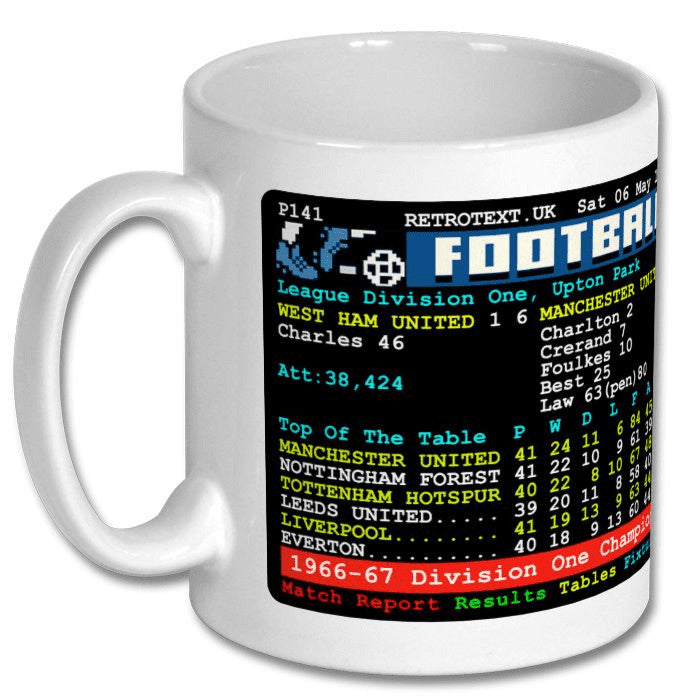 Retrotext Manchester United 1967 Division One Champions ceramic mug with vintage teletext football league table design