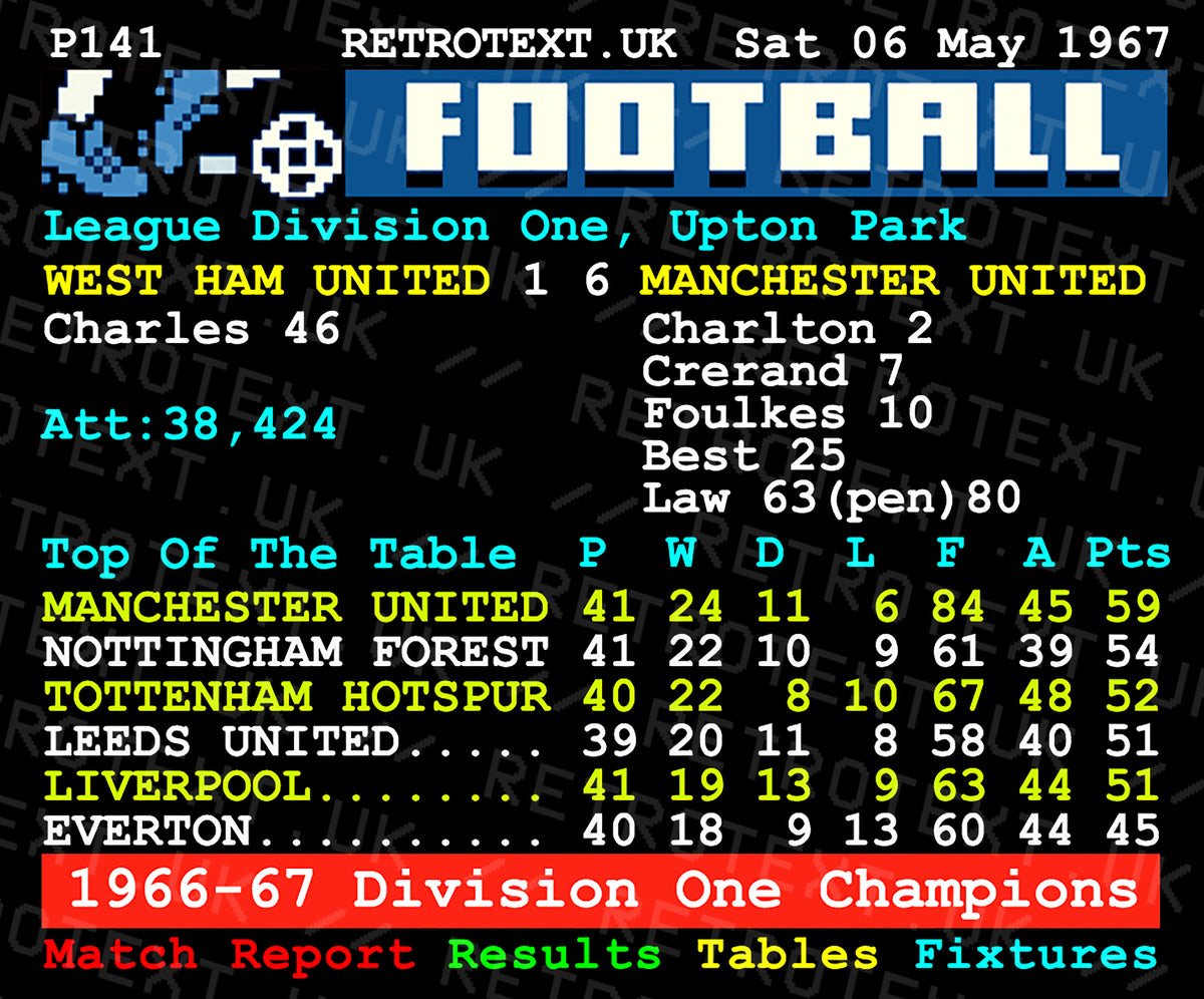 Retrotext Manchester United 1967 Division One Champions ceramic mug featuring a vintage teletext football score design