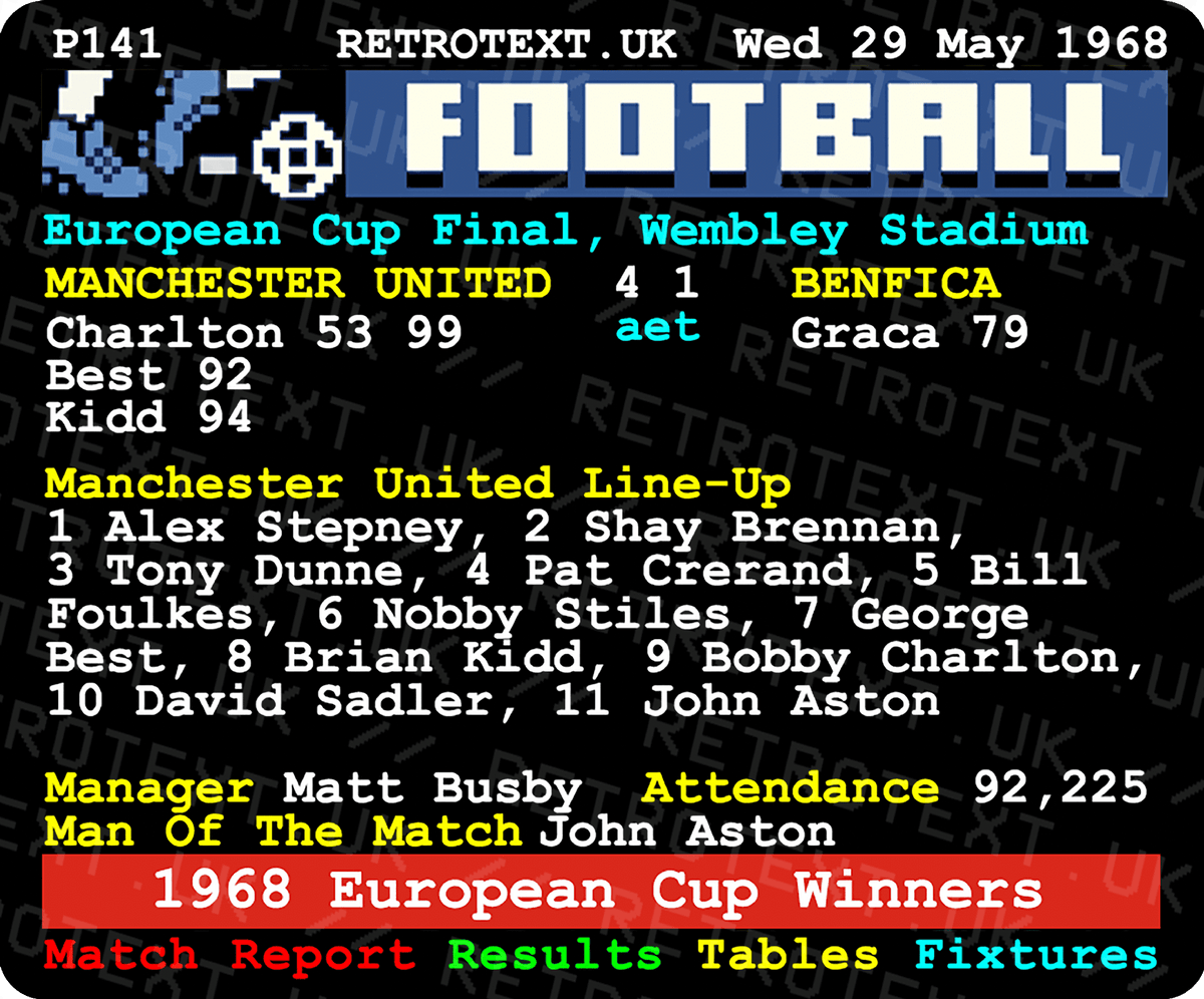 Retrotext Manchester United 1968 European Cup final teletext design on a glossy white 11oz ceramic mug