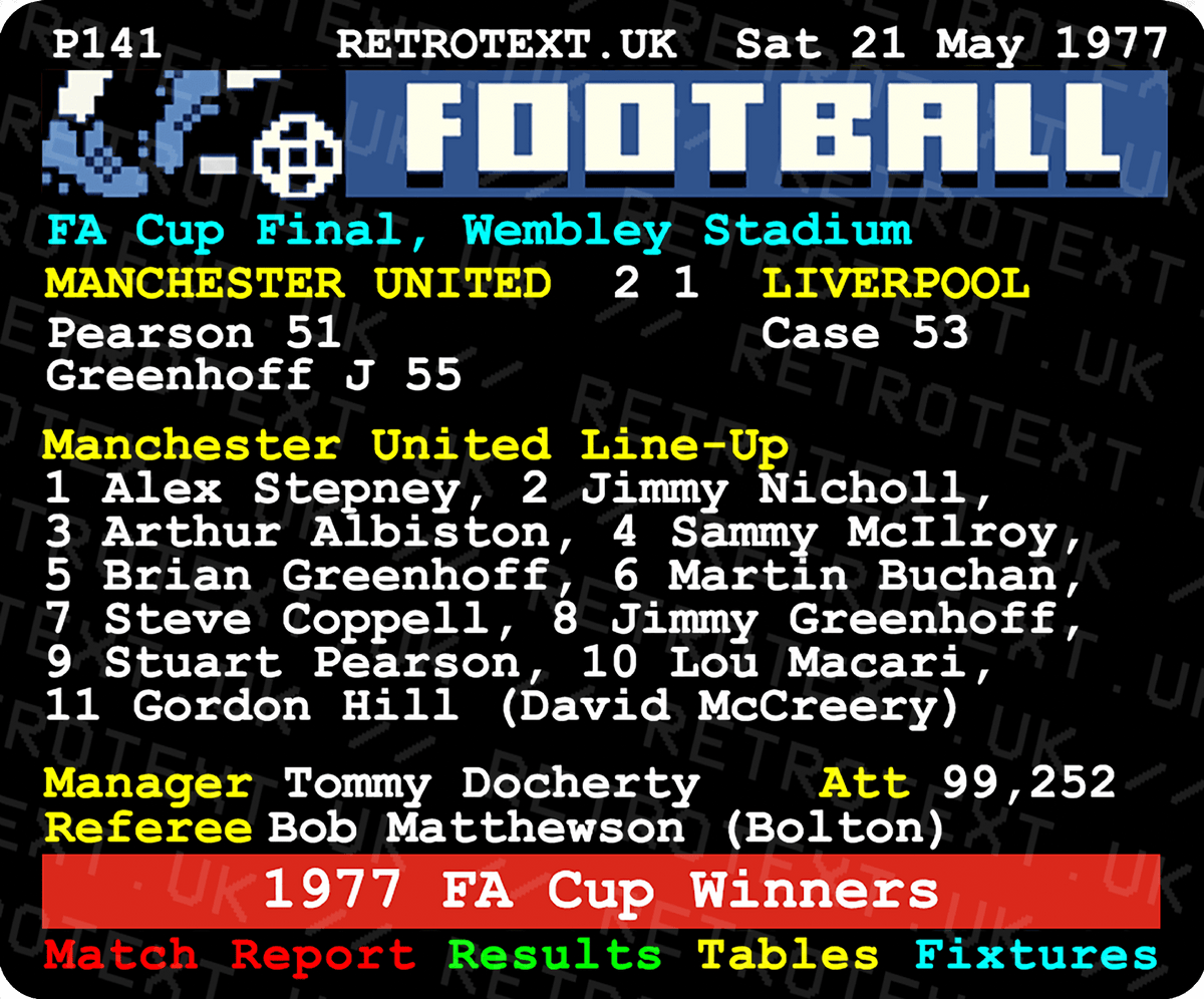 Retrotext Manchester United 1977 FA Cup final teletext design on a glossy white 11oz ceramic mug