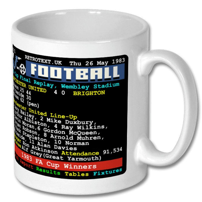 Retrotext white 11oz ceramic mug featuring a 1983 Manchester United FA Cup final teletext match report design.
