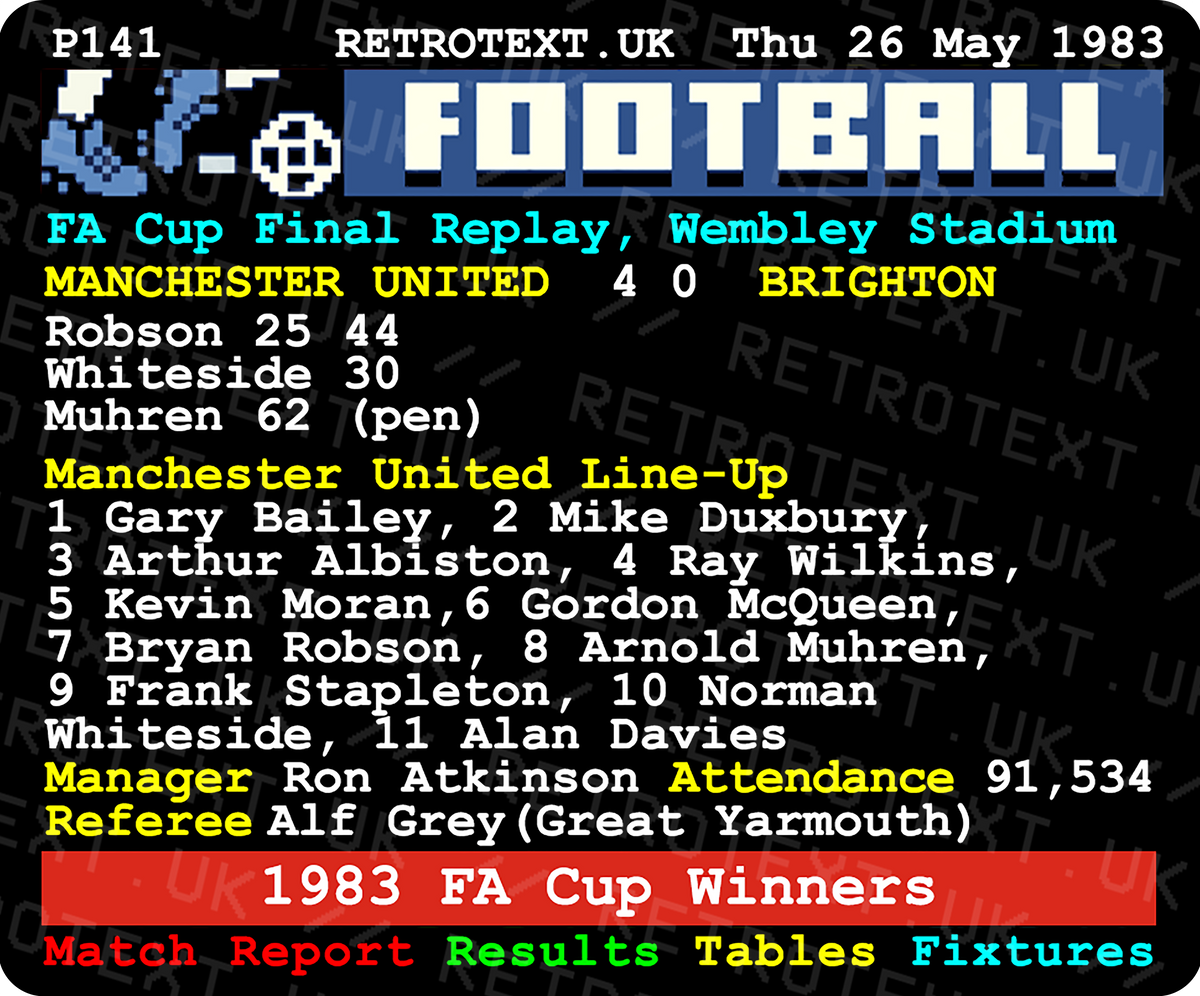 Retrotext Manchester United 1983 FA Cup Winners Teletext mug featuring a vintage football match score graphic