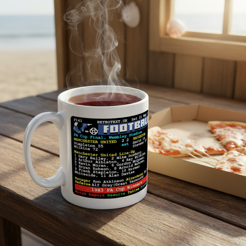Retrotext Manchester United 1983 FA Cup Winners teletext mug with steaming tea on a wooden table near a pizza box