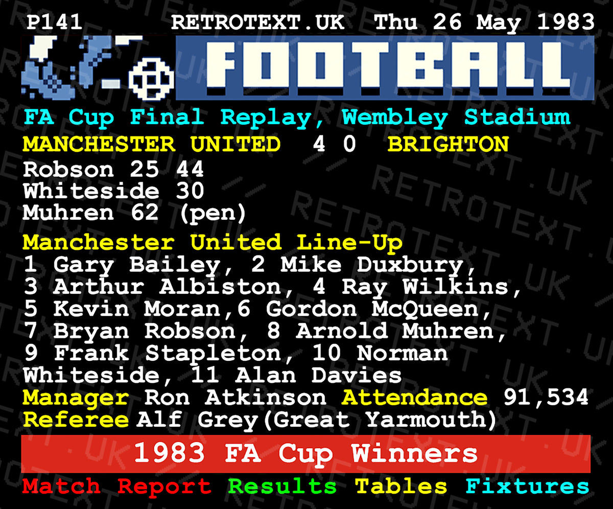 Retrotext Manchester United 1983 FA Cup final teletext design mug featuring match stats and team lineup