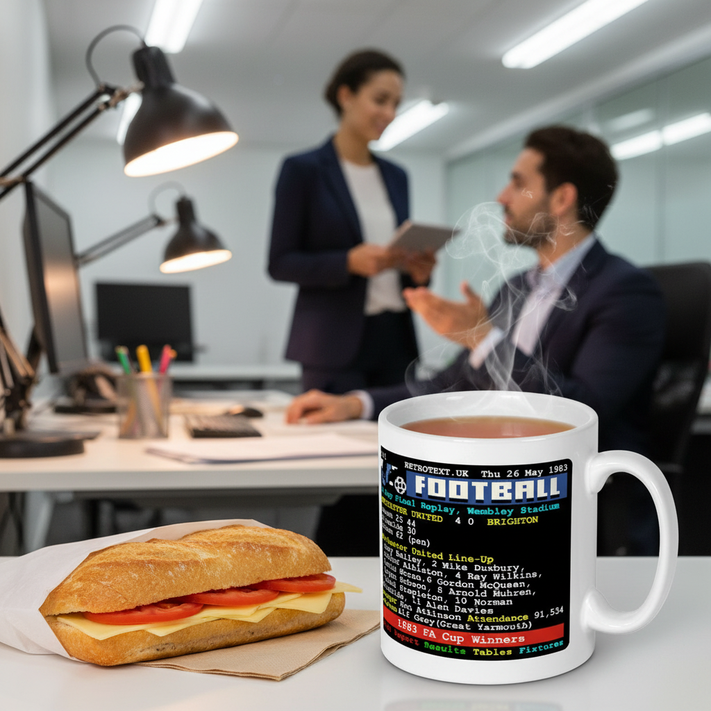 Retrotext 11oz glossy white mug featuring a 1983 Manchester United FA Cup final teletext design on an office desk.