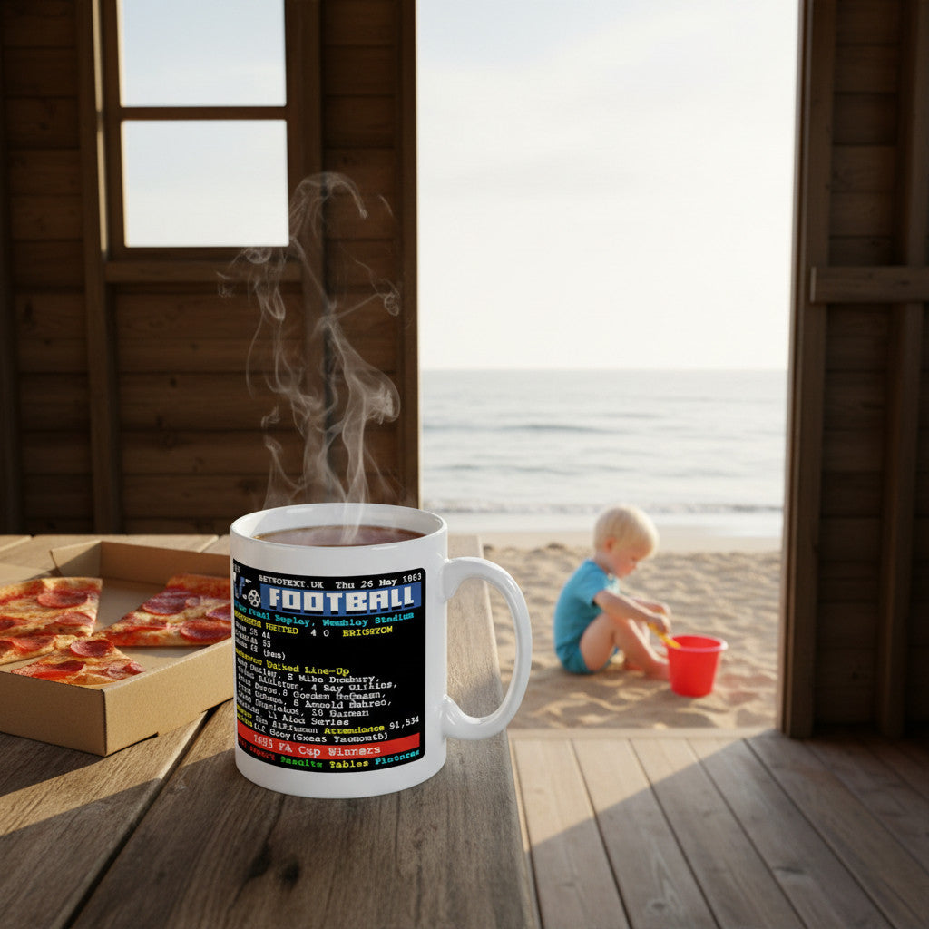 Retrotext Manchester United 1983 FA Cup Winners Teletext mug with glossy white finish on a wooden table by the beach.