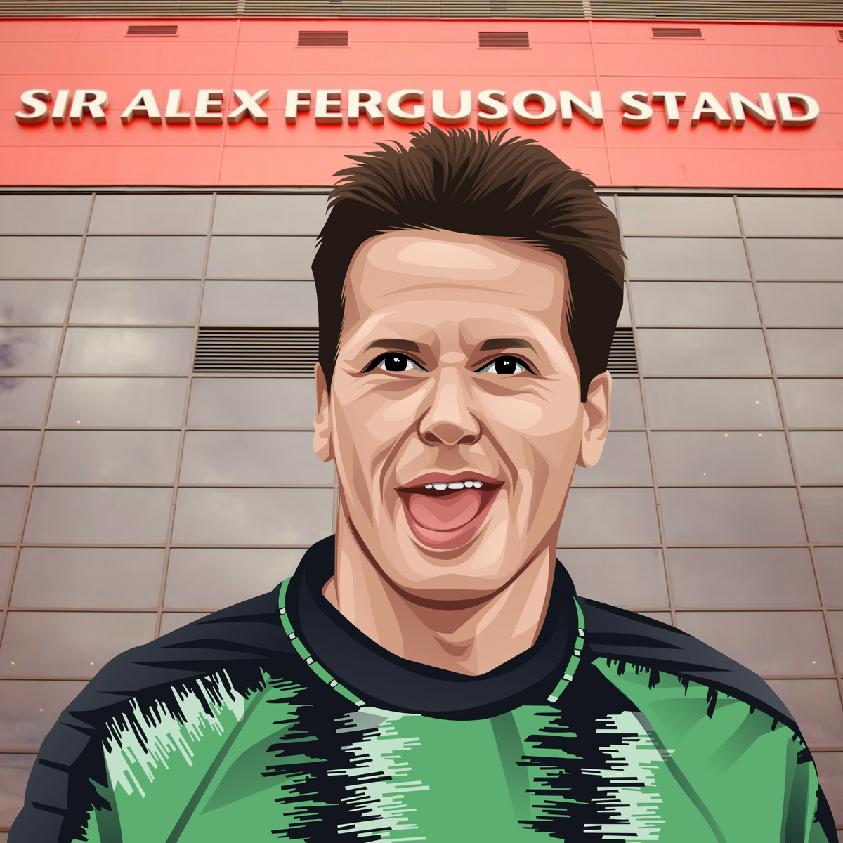 Retrotext Manchester United 1990 FA Cup winner Les Sealey illustration in front of the Sir Alex Ferguson Stand