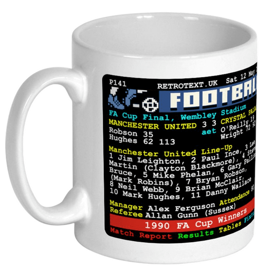 Retrotext Manchester United 1990 FA Cup Winners teletext design ceramic mug with glossy white finish.