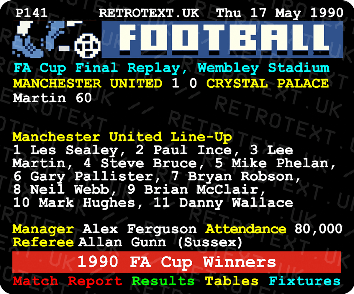 Retrotext Manchester United 1990 FA Cup Winners mug featuring a vintage teletext match report design on white ceramic.