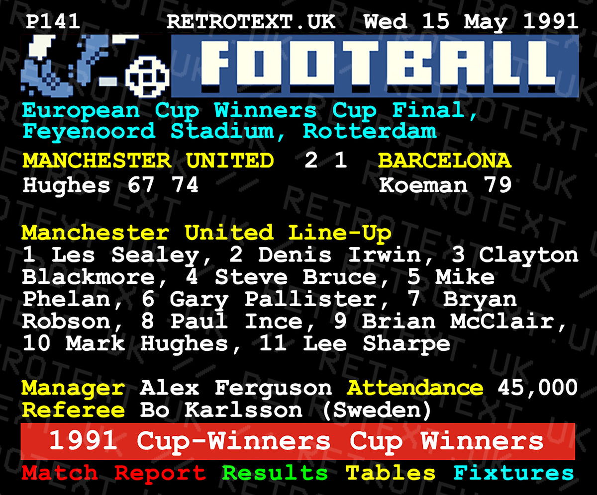 Retrotext Manchester United 1991 European Cup-Winners Cup final teletext score mug with match details
