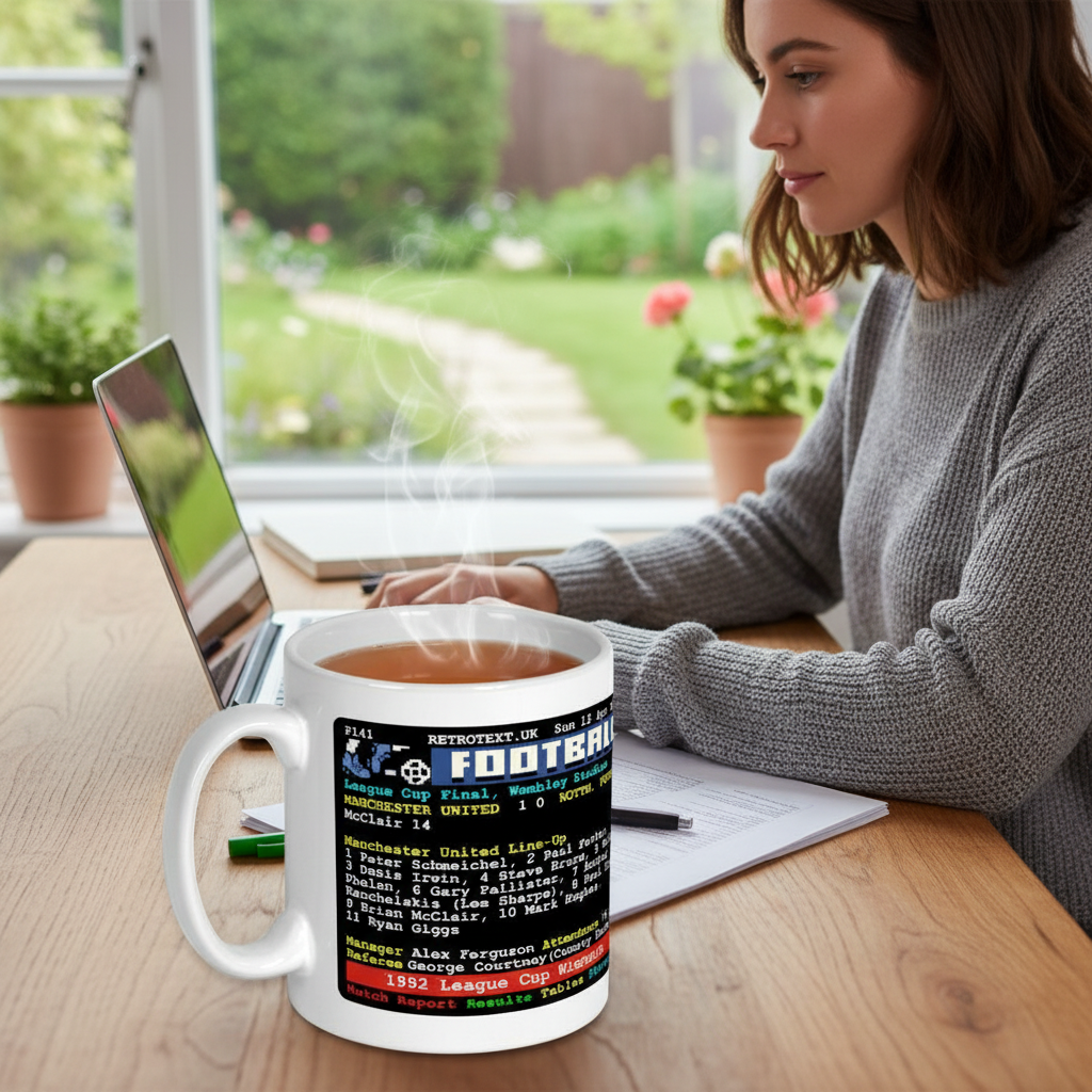 Retrotext Manchester United 1992 League Cup mug with teletext design held by a woman at a desk with a laptop