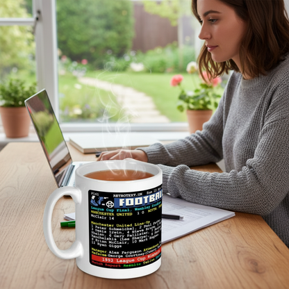 Retrotext Manchester United 1992 League Cup mug with teletext design held by a woman at a desk with a laptop