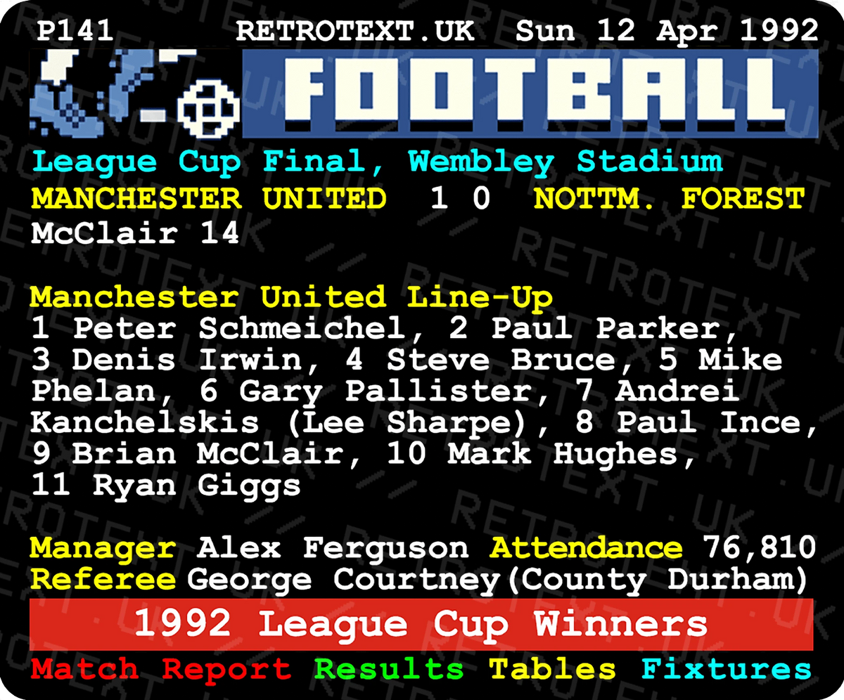 Retrotext Manchester United 1992 League Cup ceramic mug featuring a nostalgic teletext match report design