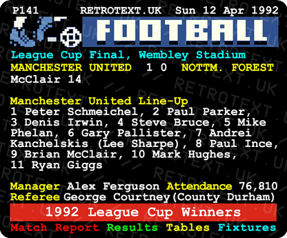 Retrotext Manchester United 1992 League Cup ceramic mug featuring a nostalgic teletext match report design