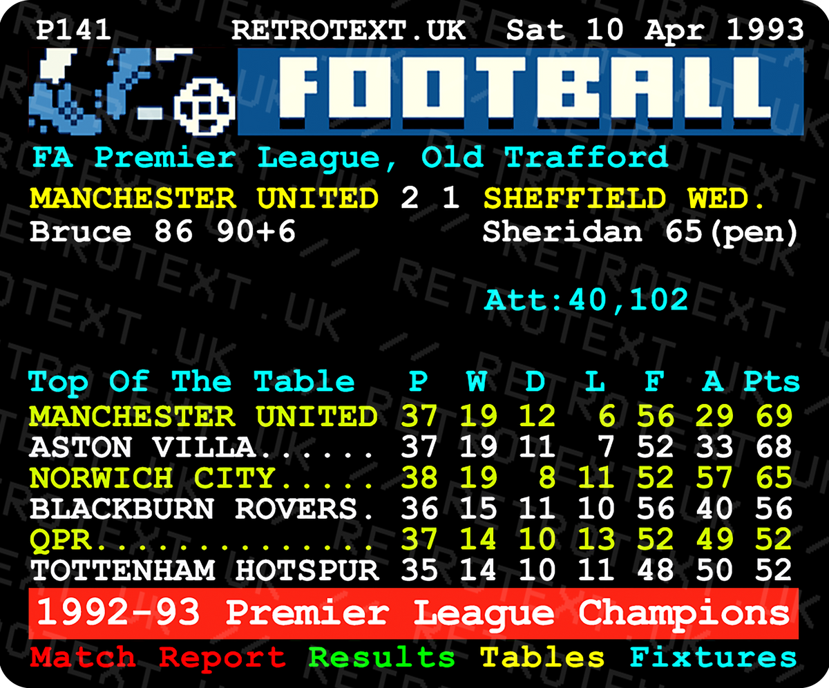 Retrotext Manchester United 1993 Premier League Champions Steve Bruce teletext design on a glossy white 11oz mug