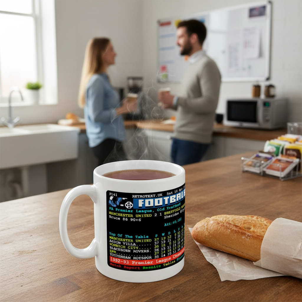 Retrotext Manchester United 1993 Premier League Champions Steve Bruce Teletext mug on a kitchen counter