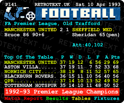 Retrotext Manchester United 1993 Premier League Champions Steve Bruce teletext design on a glossy white 11oz mug.