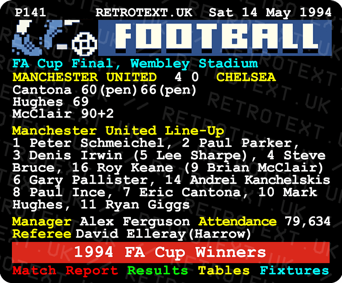 Retrotext Manchester United 1994 FA Cup final teletext design on a glossy white 11oz ceramic mug