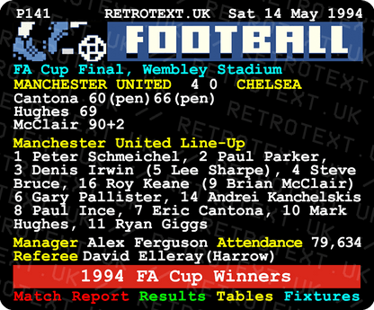 Retrotext Manchester United 1994 FA Cup final teletext design on a glossy white 11oz ceramic mug