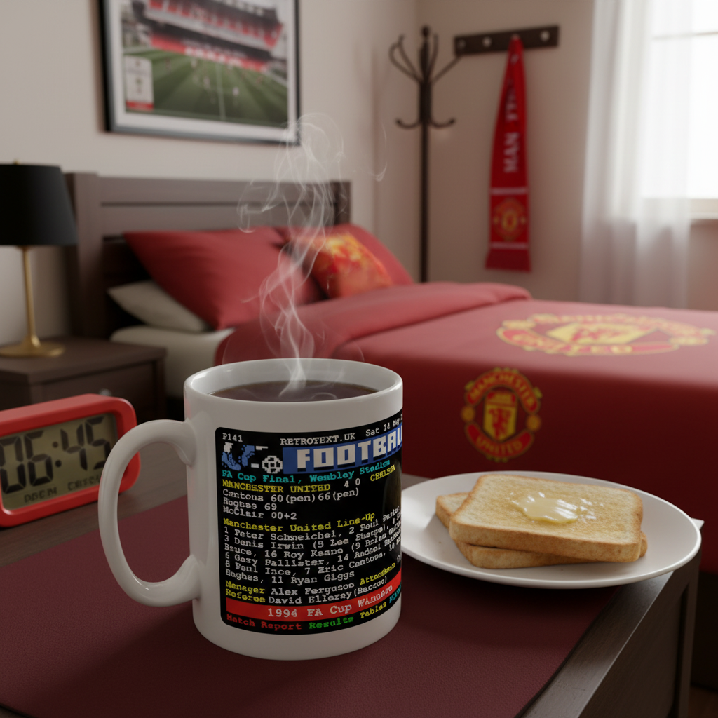 Retrotext 11oz glossy white mug featuring 1994 Manchester United FA Cup final teletext design on a bedroom nightstand