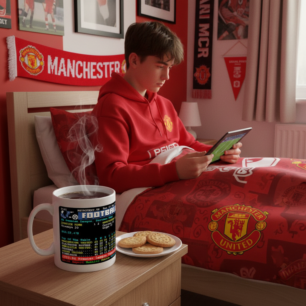 Retrotext Manchester United 1994 Premier League champions teletext design 11oz glossy white ceramic mug on a bedside table