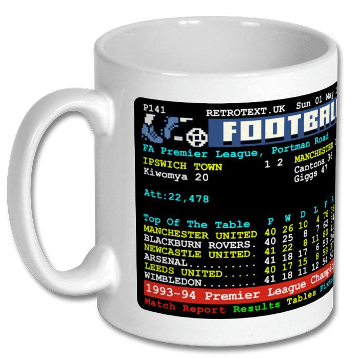 Retrotext Manchester United 1994 Premier League Champions teletext design on a glossy white 11oz ceramic mug