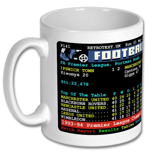 Retrotext Manchester United 1994 Premier League Champions teletext design on a glossy white 11oz ceramic mug