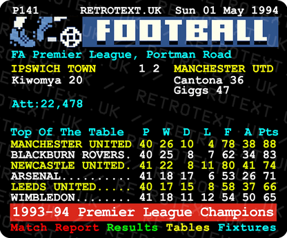 Retrotext Manchester United 1994 Premier League Champions teletext style mug with glossy white finish