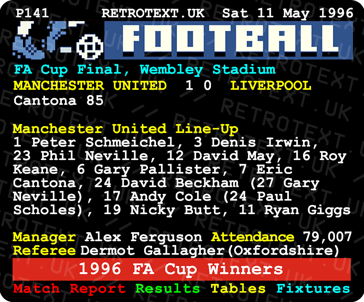 Retrotext Manchester United 1996 FA Cup final teletext style ceramic mug featuring match details and line-up