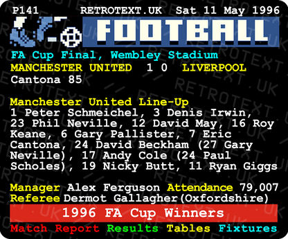 Retrotext Manchester United 1996 FA Cup final teletext style ceramic mug featuring match details and line-up