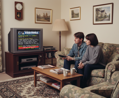 Retrotext Manchester United 1996 FA Cup mug on a wooden coffee table in a vintage living room setting