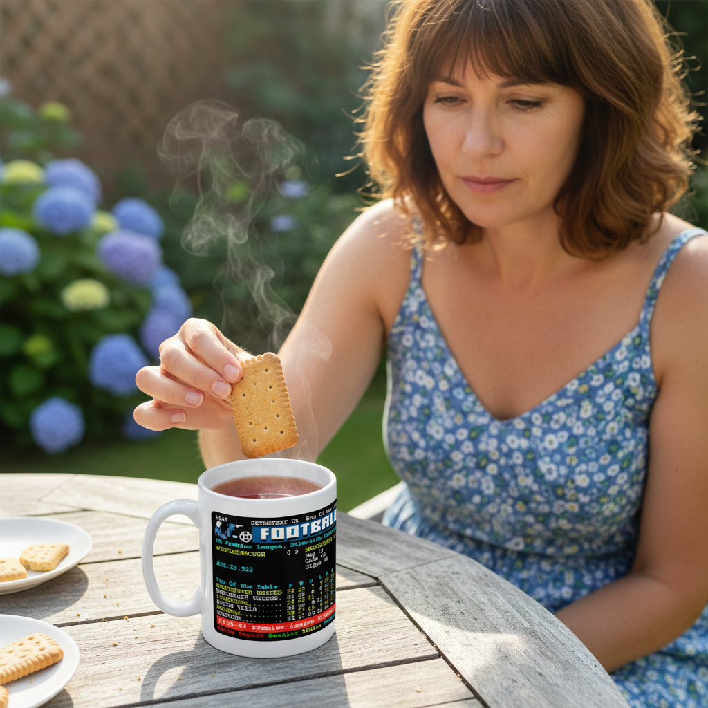 Retrotext Manchester United 1996 Premier League Champions teletext mug held by a woman dunking a biscuit in a garden